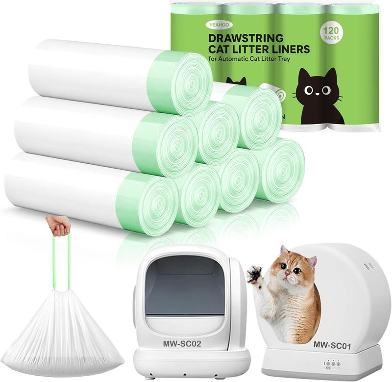 YEAHGO Automatic Cat Litter Box Liners Bags, Self-Cleaning Kitty Litter Liners Bags Compatible with MeoWant-SC01 & MeoWant-SC02, Heavy-Duty Thick Drawstring Replacement Liner Bag 18" x 12.6" (120 PCS) - Image 1